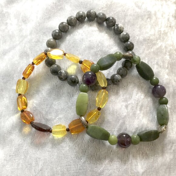 3pc Natural Stone Stretch Bracelet Set - Mixed Gemstone Beads Boho Stackable - Picture 5 of 14